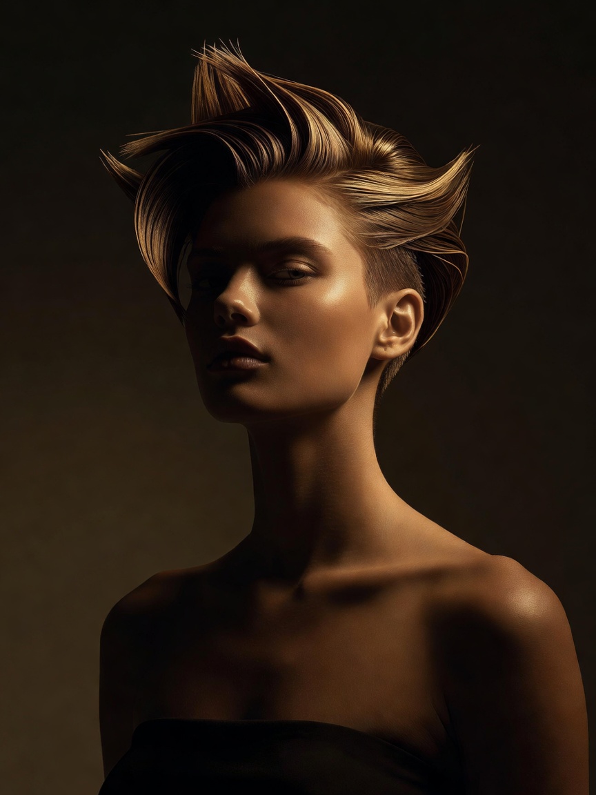 High-fashion hair model posing in low ambient, warm dramatic studio lighting representing modern hair design standards