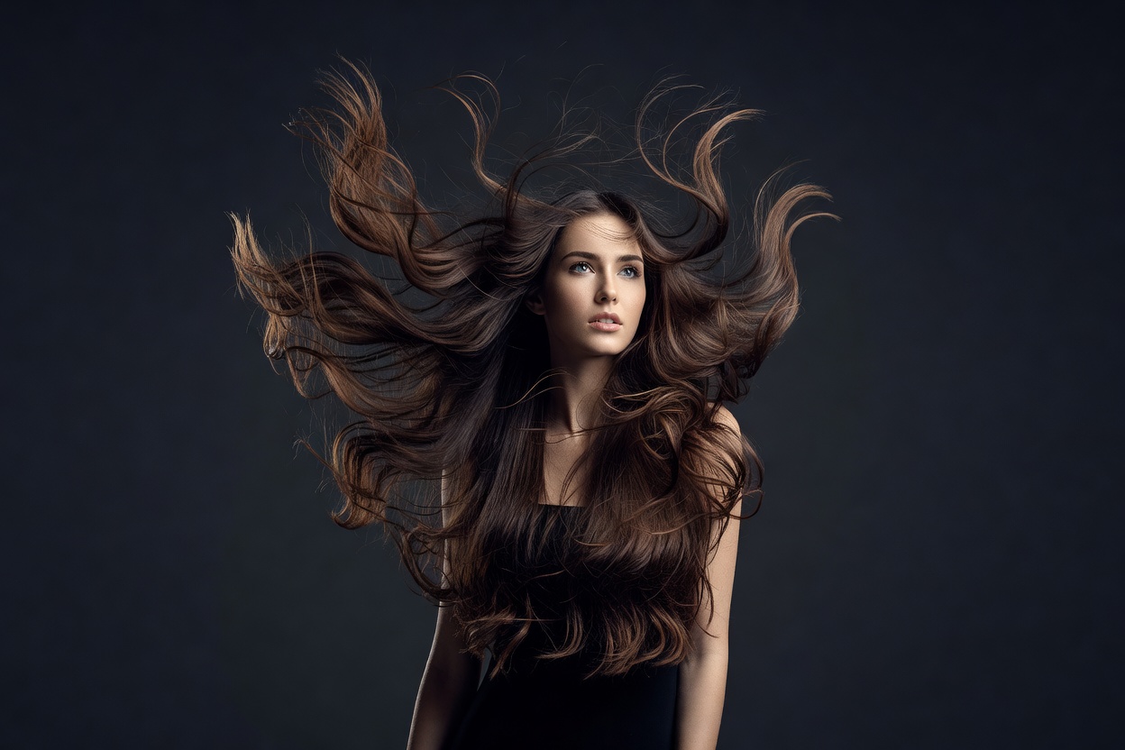 Model dynamic hair movement highlighted under deep charcoal studio background