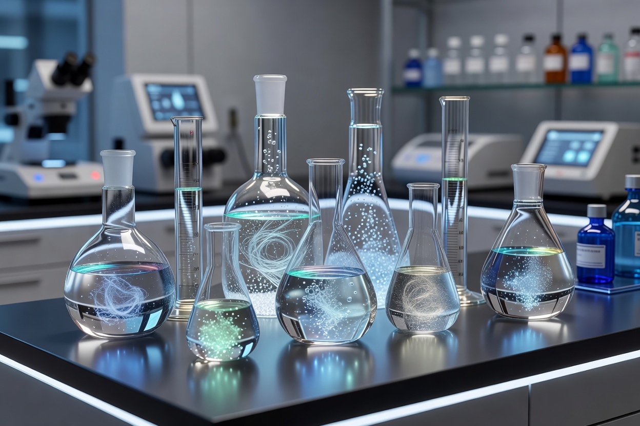 Stylized laboratory glass flasks filled with clear liquids suggesting advanced hair repair biochemistry